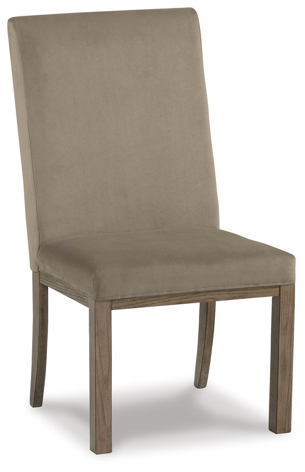 Upholstered dining side chair, tall back and seat in gray fabric, straight wood legs