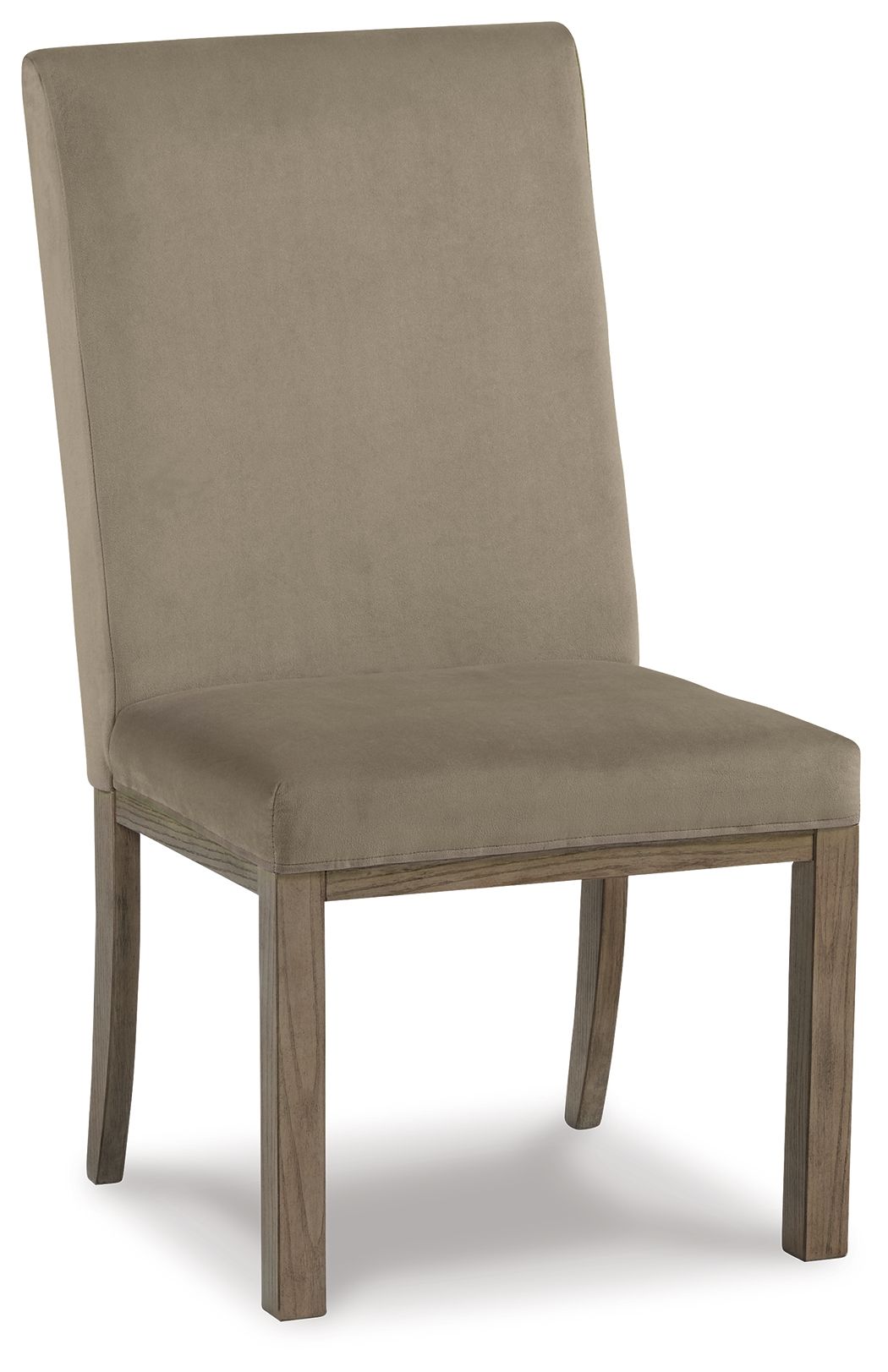 Upholstered dining side chair, tall back and seat in gray fabric, straight wood legs