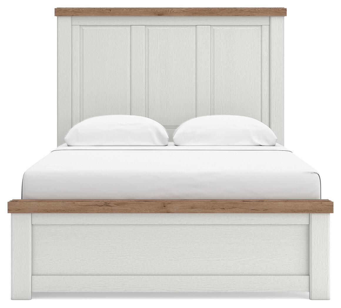 White panel storage bed with storage footboard, wood-trim headboard, and two pillows