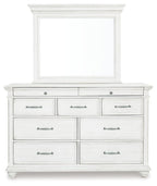 White dresser with rectangular mirror and six drawers, metal bar pulls
