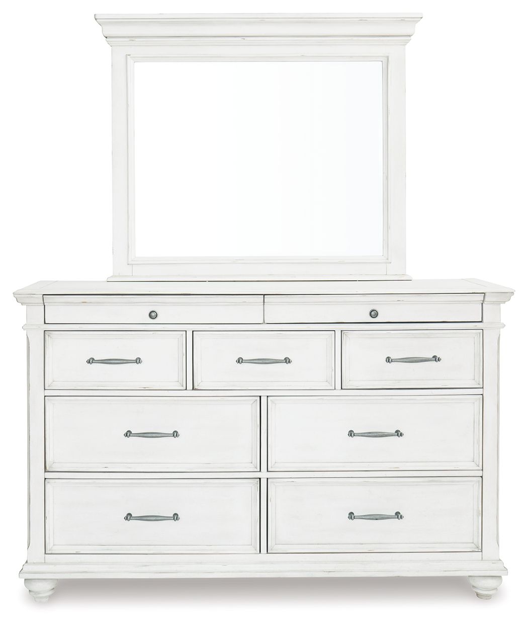 White dresser with rectangular mirror and six drawers, metal bar pulls