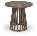 Round outdoor side table with ribbed wood tabletop and slatted wood legs