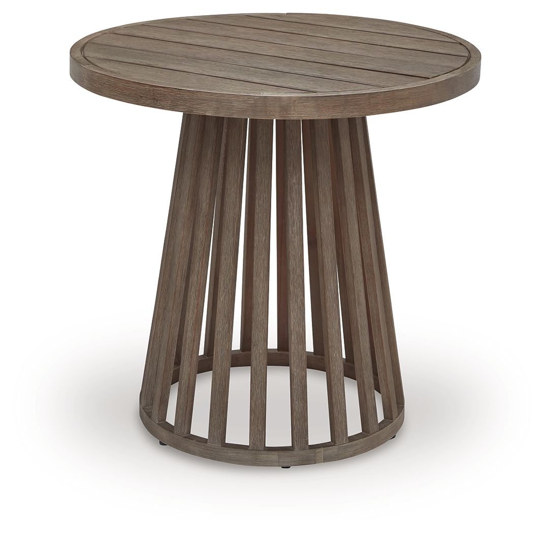 Round outdoor side table with ribbed wood tabletop and slatted wood legs