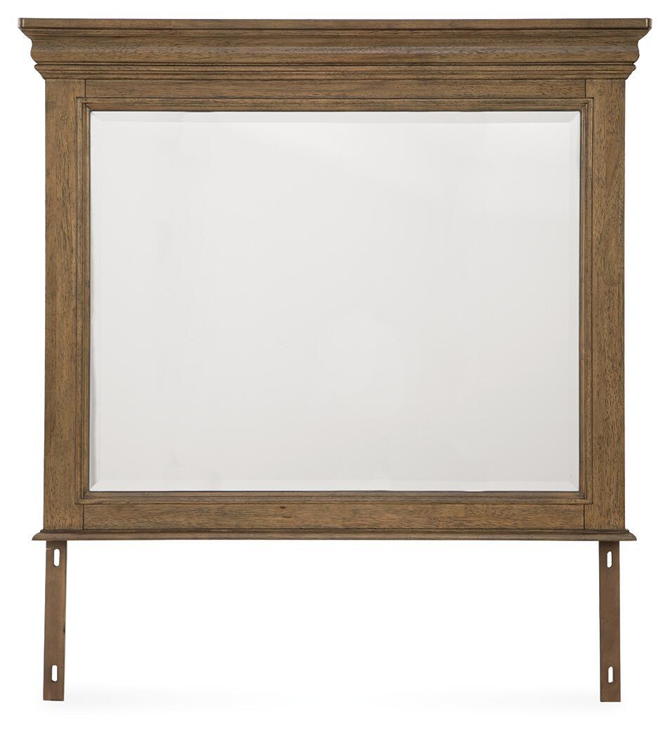 Medium brown bedroom mirror with rectangular glass and decorative top molding