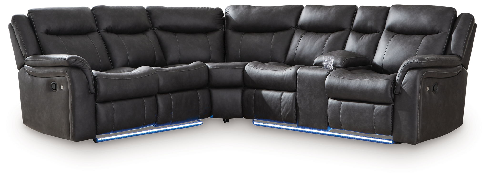 Dark carbon 2-piece reclining sectional sofa with thick padded cushions and armrests.
