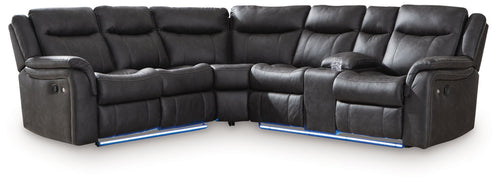 Dark carbon 2-piece reclining sectional sofa with thick padded cushions and armrests.