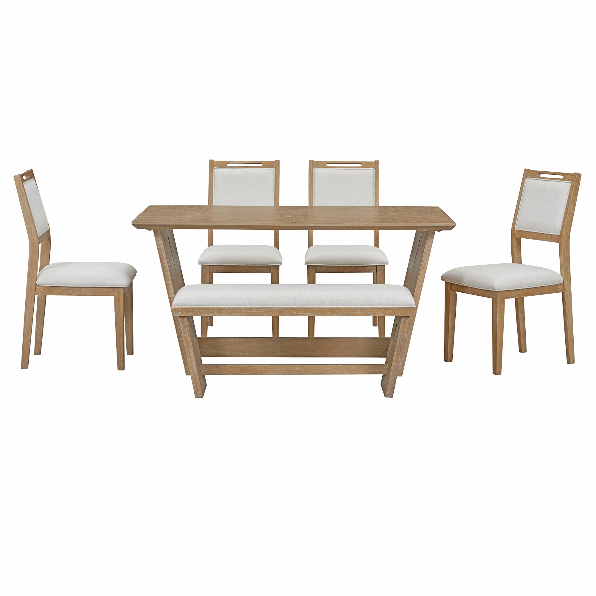 6-Pc Retro Dining Set w/ Bench - Natural Wood