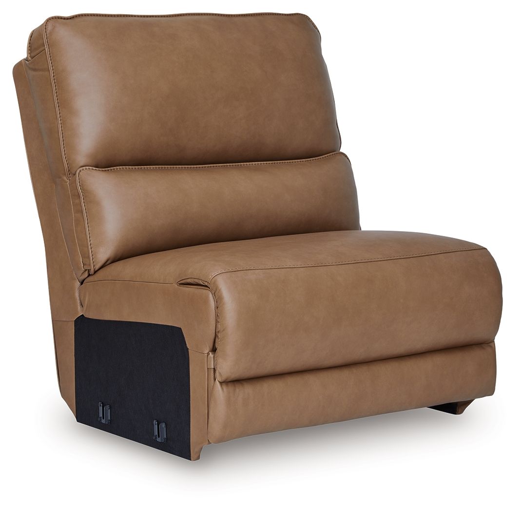 Caramel armless accent chair with padded back, seat, and recessed side panel detail