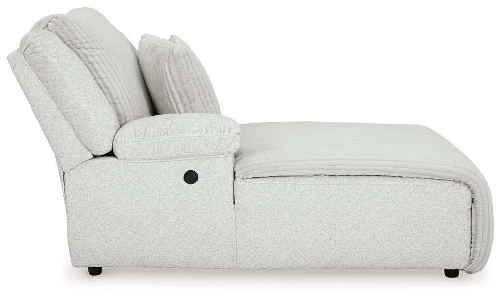 Light gray press-back power chaise with cushioned backrest and rounded padded arm panel.