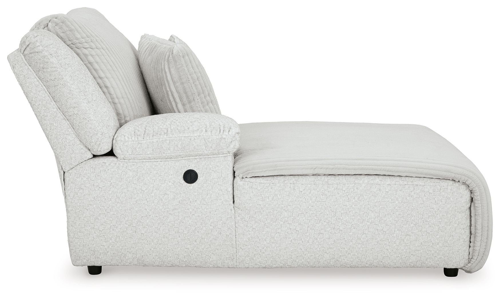 Light gray press-back power chaise with cushioned backrest and rounded padded arm panel.