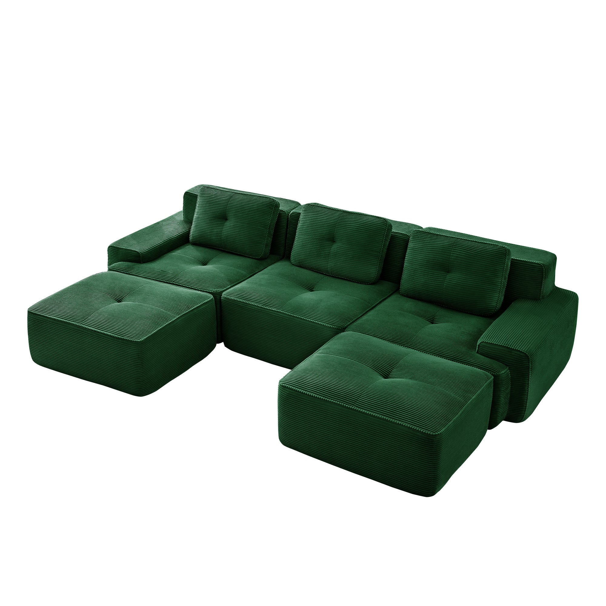 Green corduroy modular sectional sofa with chaise-style ottoman pieces and back cushions