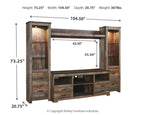 Dark brown entertainment center diagram with tall glass cabinets and central 63.5 in TV opening
