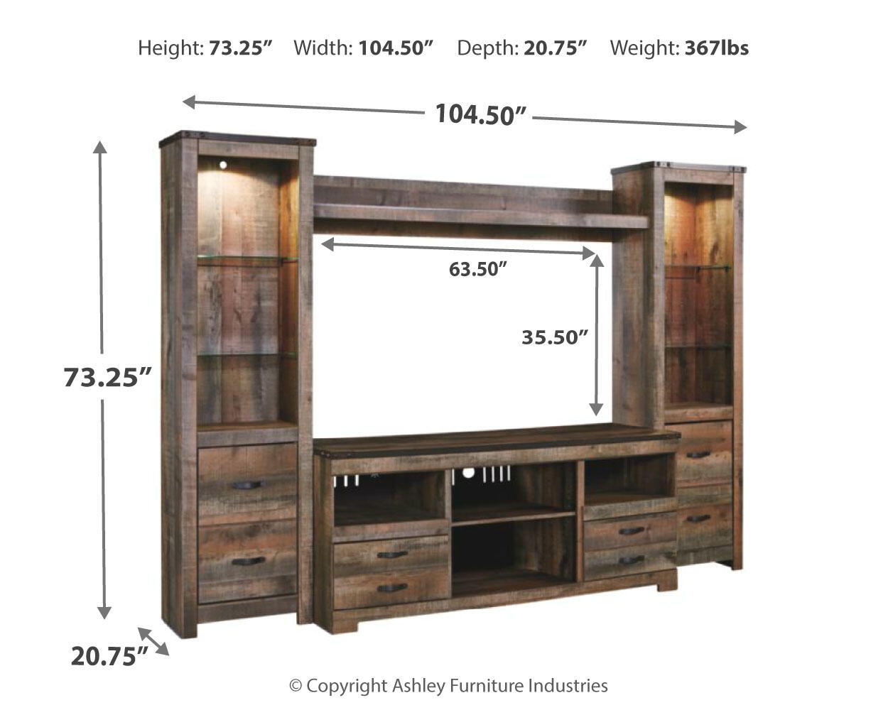 Dark brown entertainment center diagram with tall glass cabinets and central 63.5 in TV opening