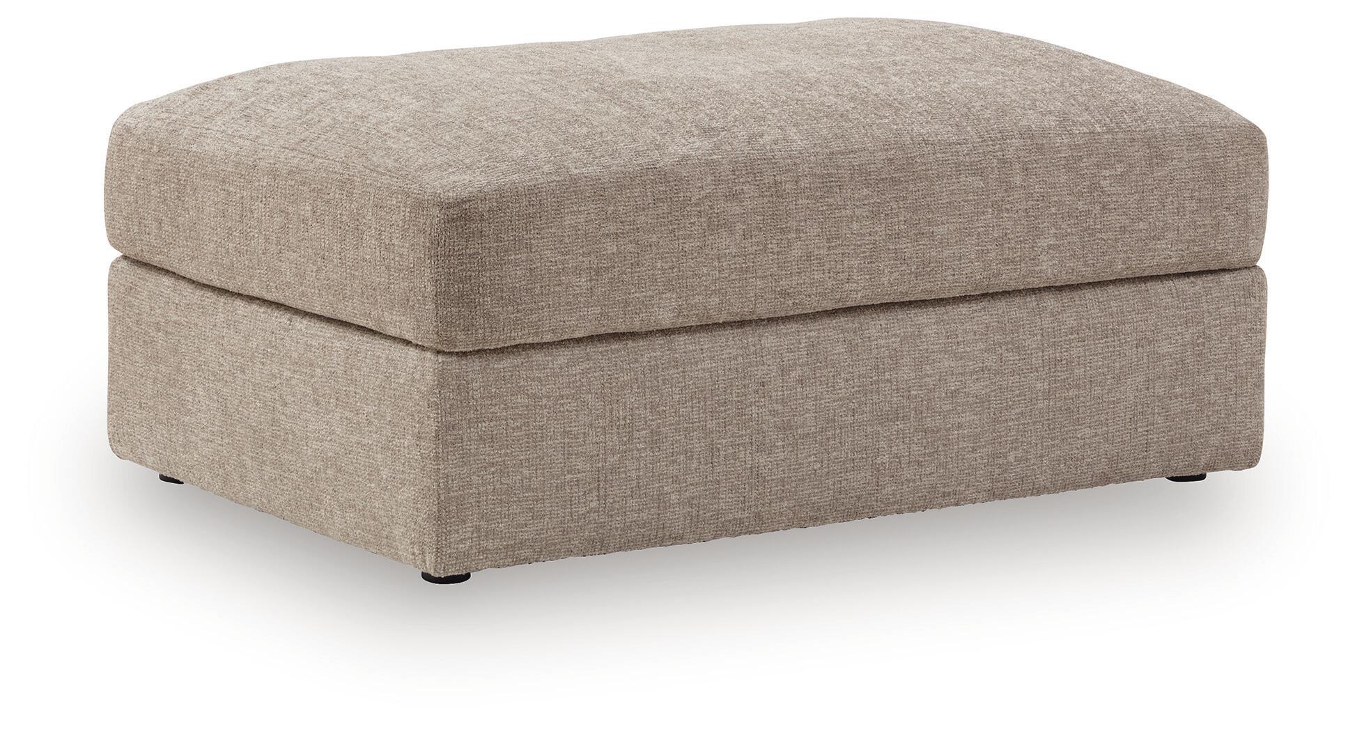 Oversized ottoman with rounded top, burlap-style beige upholstery, low square base