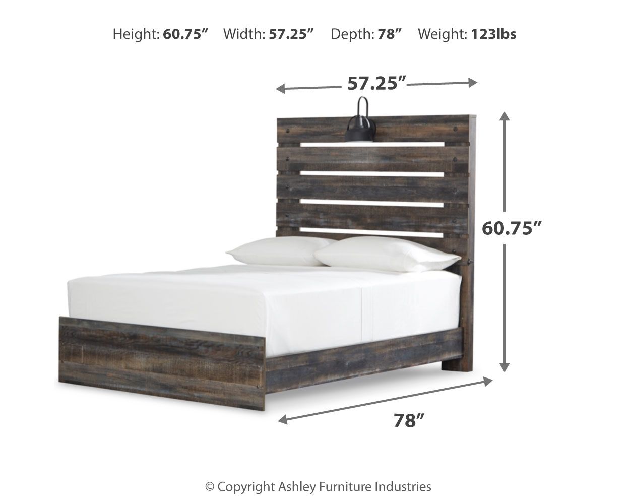 Panel bed with slatted headboard and dark wood rails, white mattress and pillows