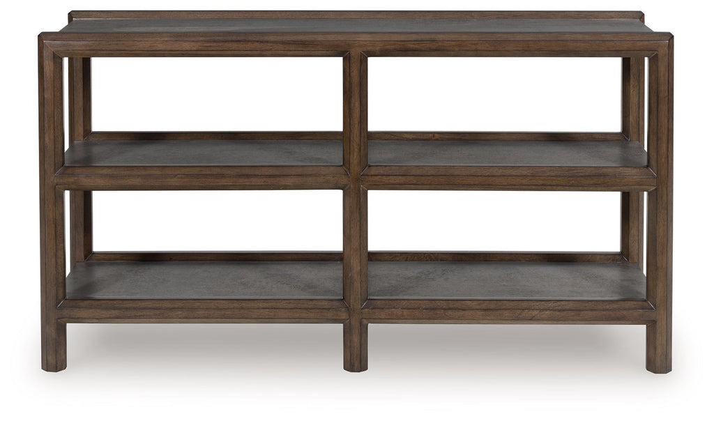 Brown sofa table front view with gray shelves in three open compartments