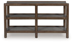 Brown sofa table front view with gray shelves in three open compartments