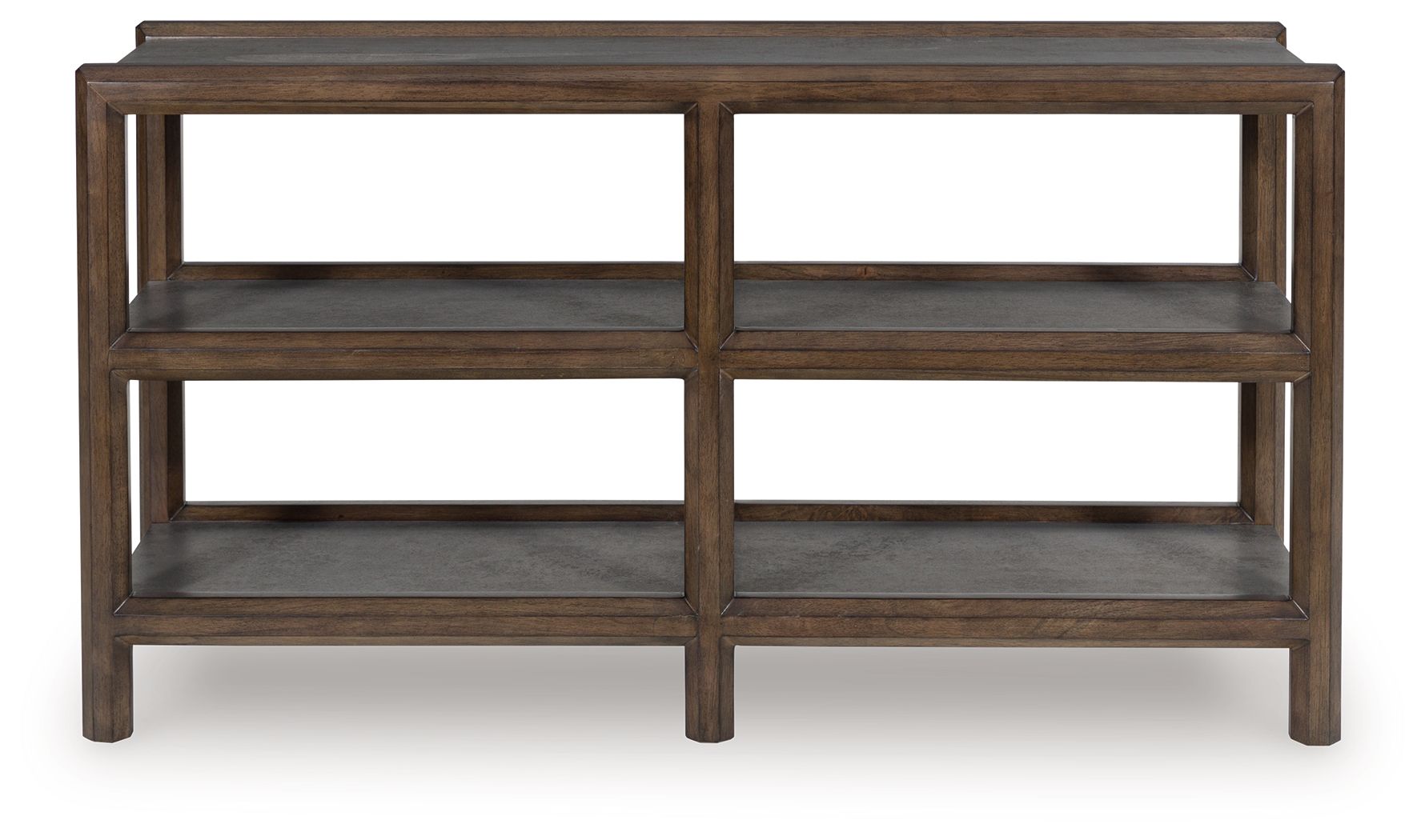 Brown sofa table front view with gray shelves in three open compartments