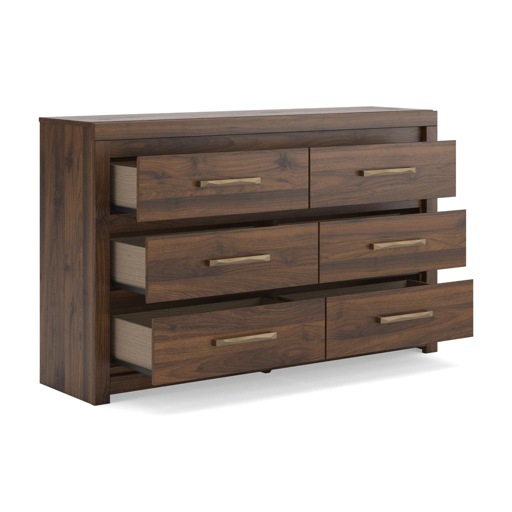 Light brown dresser in plank wood grain with six drawers and long metal bar pulls.