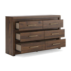 Light brown dresser in plank wood grain with six drawers and long metal bar pulls.