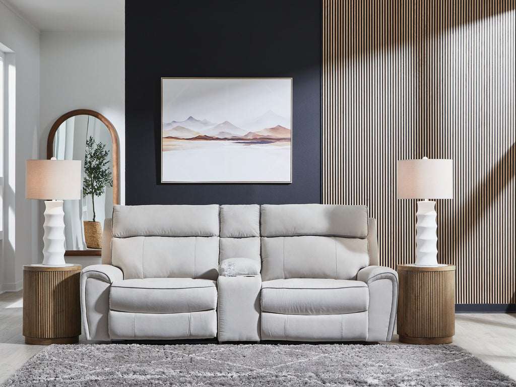 Light gray reclining sectional sofa with two reclining seats and segmented back