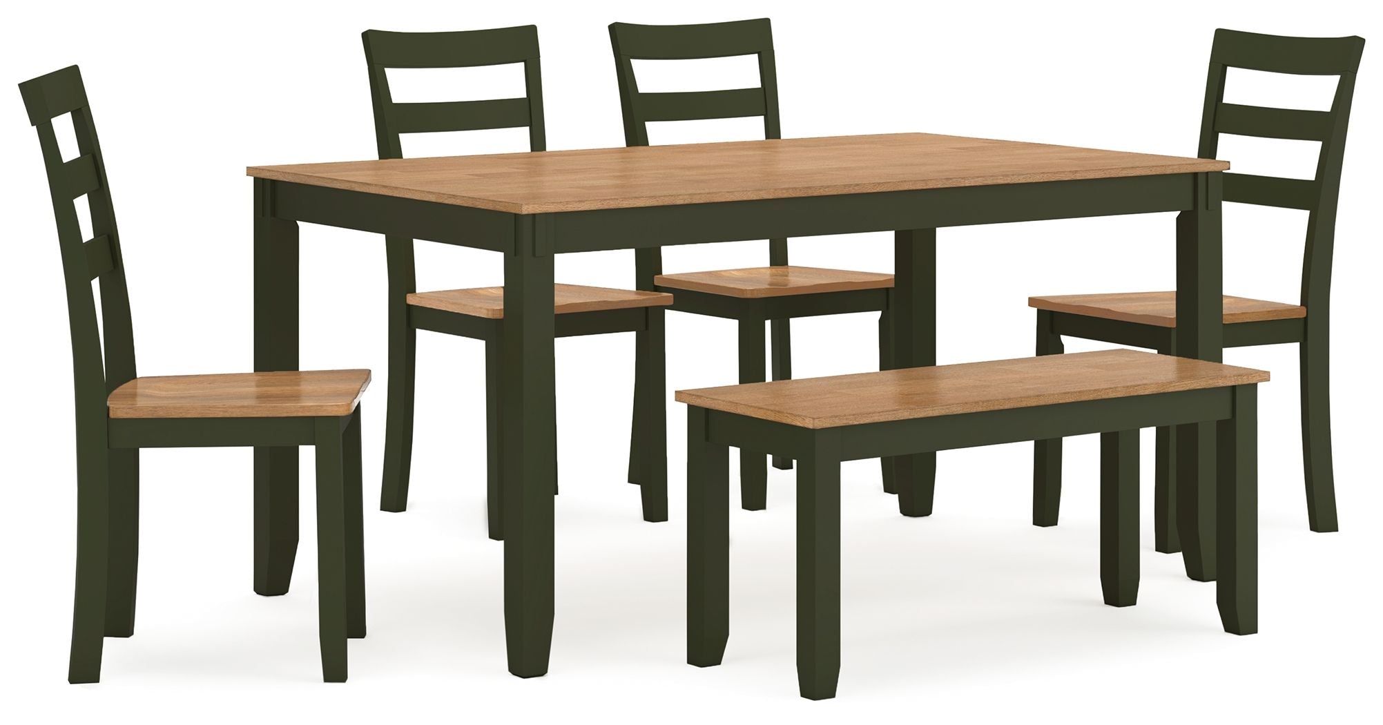 Dining room table set with bench, light wood tabletop and green chairs