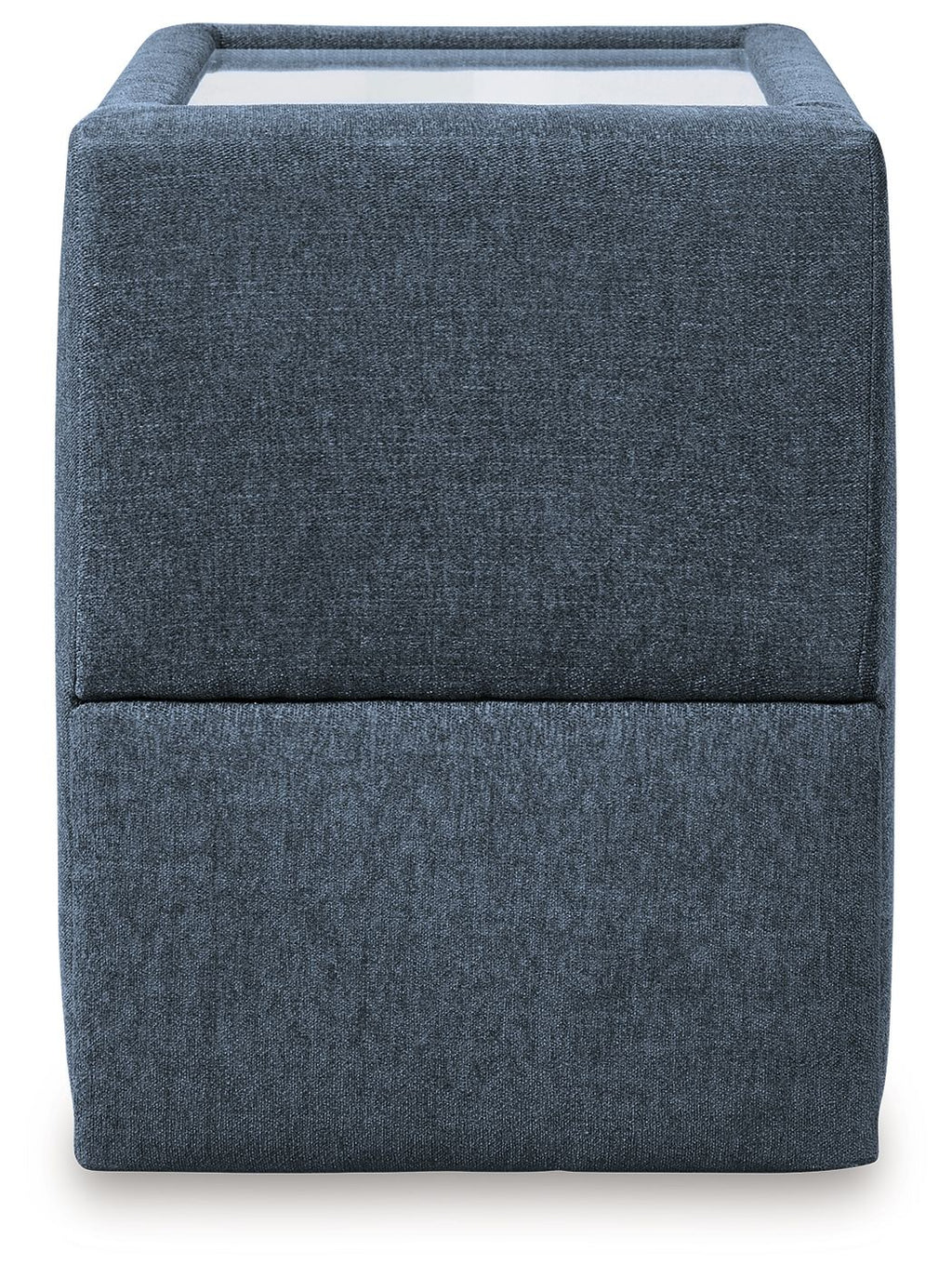 Fabric console with storage in dark blue ink fabric, boxy front and cushioned top