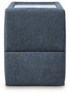 Fabric console with storage in dark blue ink fabric, boxy front and cushioned top