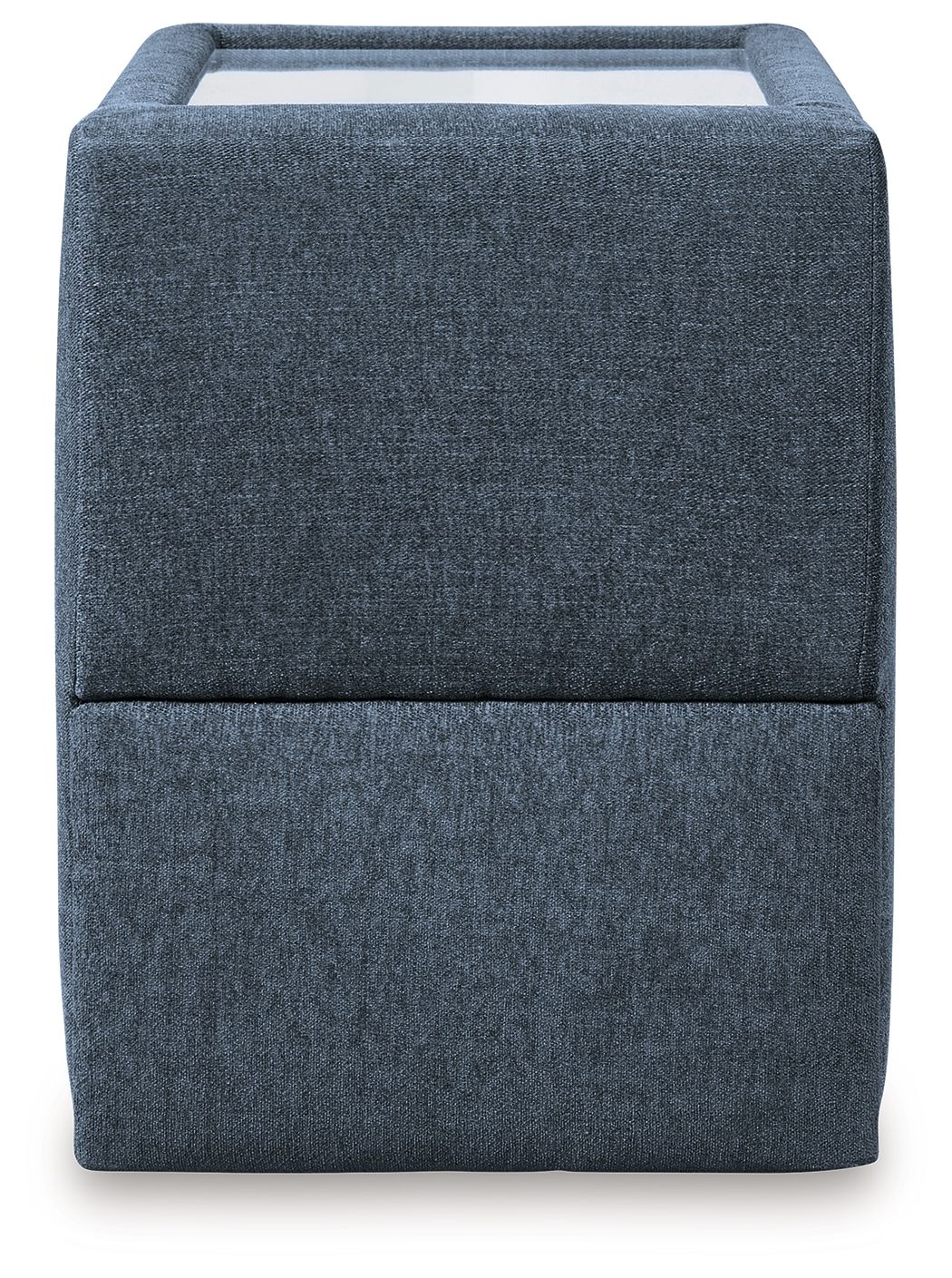 Fabric console with storage in dark blue ink fabric, boxy front and cushioned top
