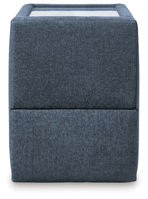 Fabric console with storage in dark blue ink fabric, boxy front and cushioned top