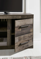Entertainment center drawer unit in dark gray wood with metal bar handle