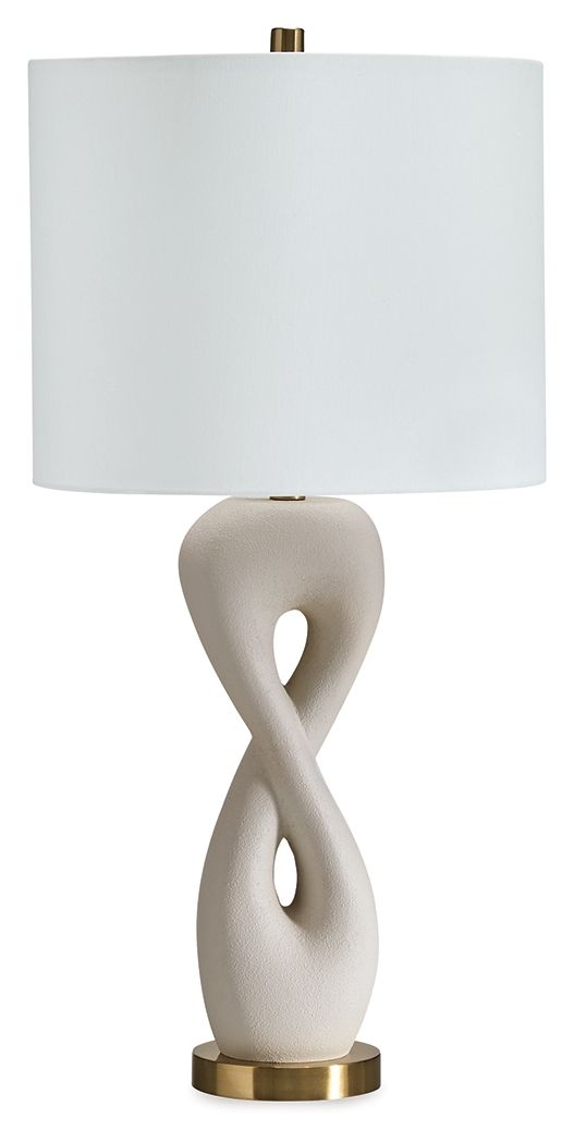 White table lamp with sculpted poly base and gold bottom ring, with fabric shade