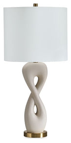 White table lamp with sculpted poly base and gold bottom ring, with fabric shade