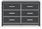 Black dresser with six drawers and metal bar pulls