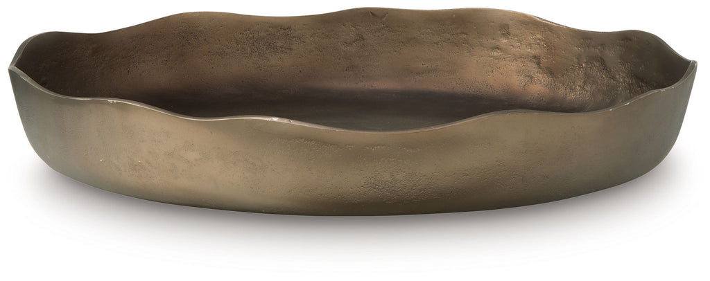 Champagne gold metal tray with shallow oval bowl shape