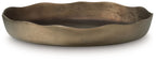 Champagne gold metal tray with shallow oval bowl shape
