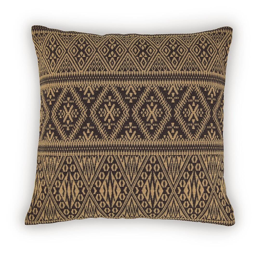 Dark brown woven accent pillow with geometric bands, diamonds, and zigzag motifs