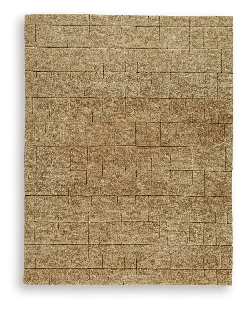 Light brown rug with rectangular block motif and thin stitched lines