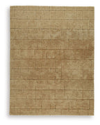 Light brown rug with rectangular block motif and thin stitched lines