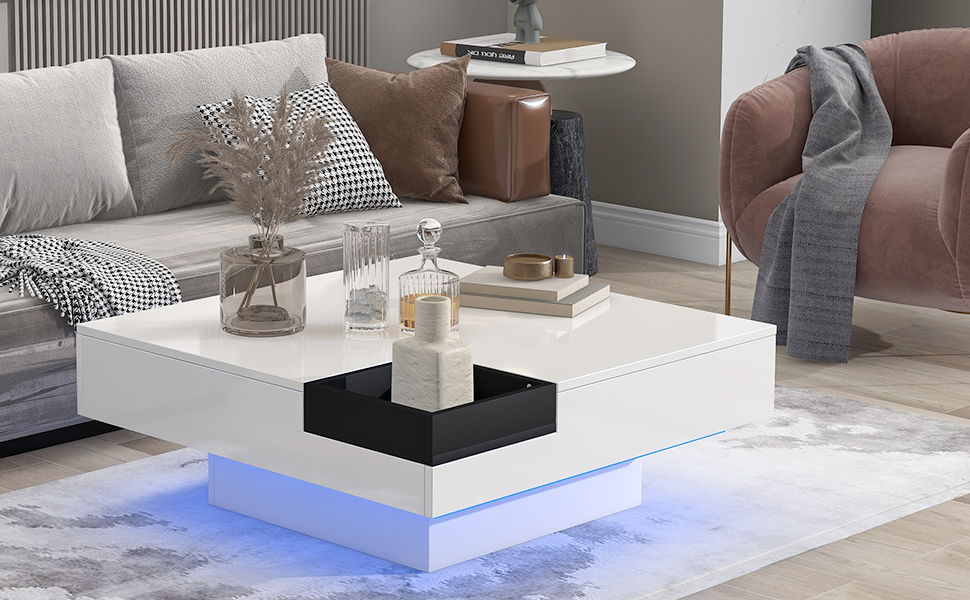 On-Trend Modern Minimalist Design 31.5*31.5 In Square Coffee Table With Detachable Tray And Plug-In 16-Color Led Strip Lights Remote Control