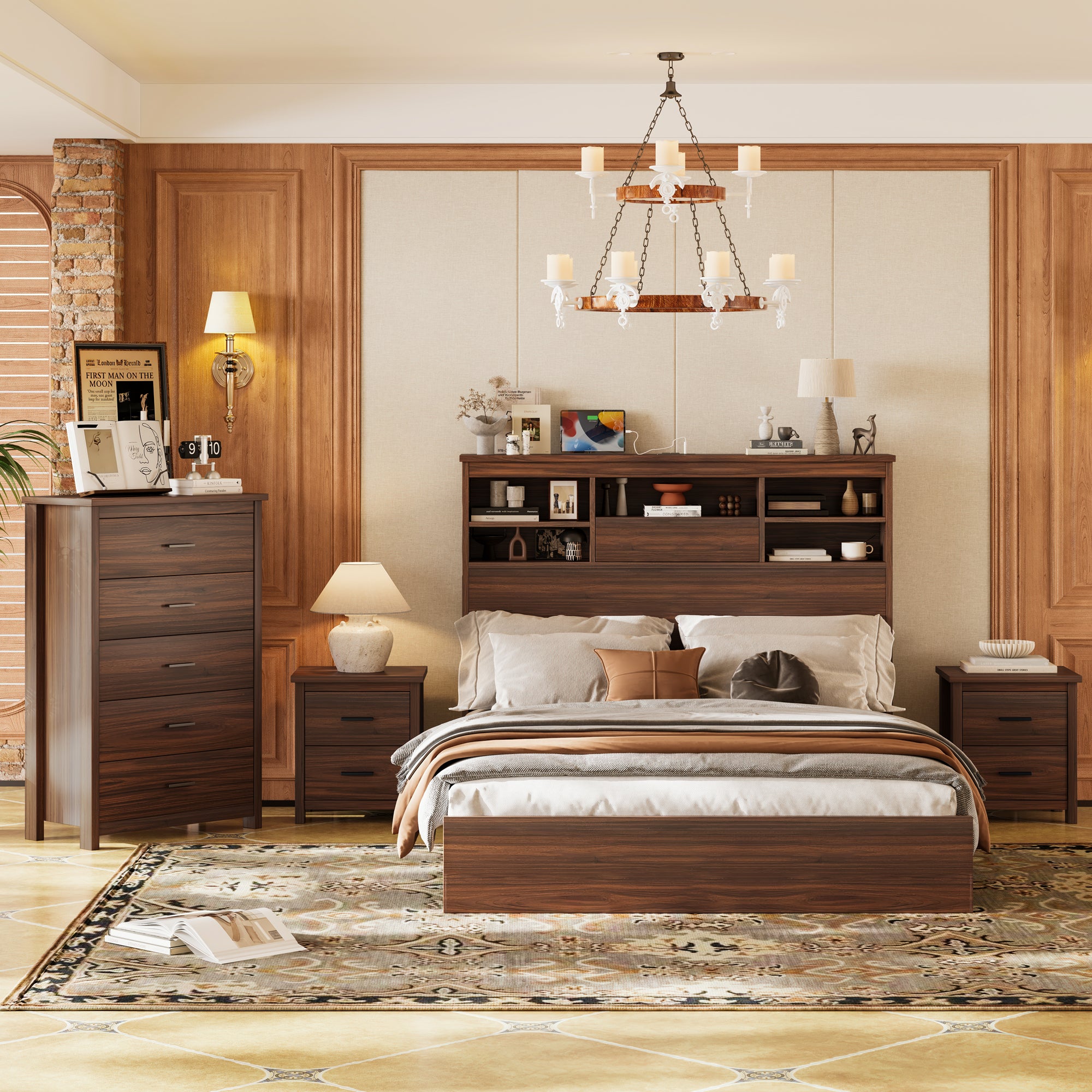 4PC Queen Walnut Bedroom Set: Bed, Storage, Charge, Dresser, Nightstand