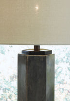 Antique pewter metal lamp base with dark stem and top mounting bracket