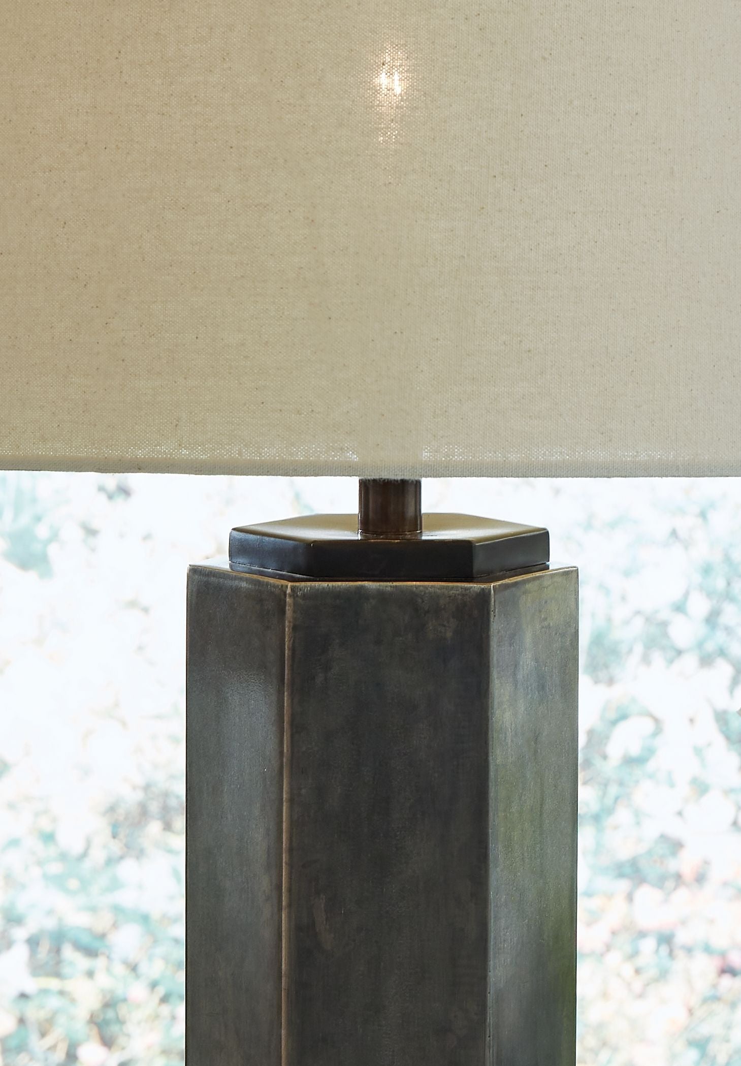 Antique pewter metal lamp base with dark stem and top mounting bracket