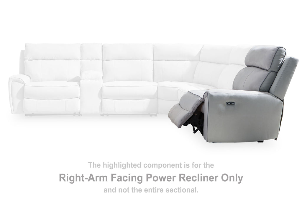 Right-arm facing power recliner section, light gray upholstery with power switch.