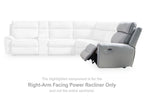 Right-arm facing power recliner section, light gray upholstery with power switch.