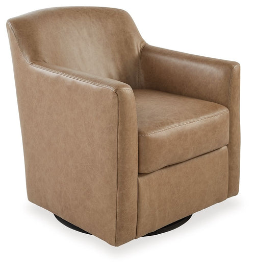 Beige swivel accent chair with padded armrests and rounded back