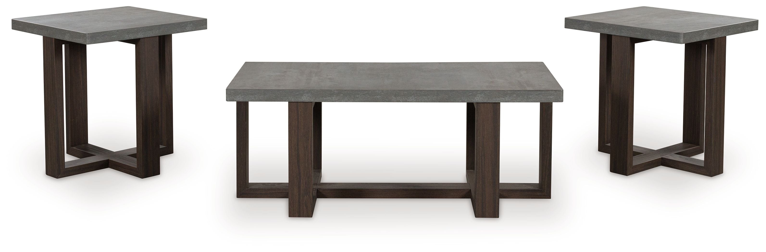 3-piece occasional table set with gray top and dark brown legs, two side tables