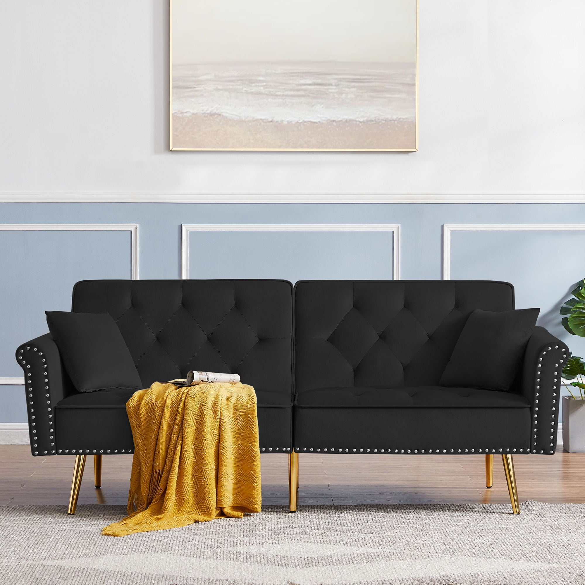 Modern Velvet Tufted Sofa Couch With 2 Pillows And Nailhead Trim, Loveseat Sofa Futon Sofa Bed With Metal Legs For Living Room - Black