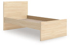 Light brown panel platform bed with slatted storage base exposed under the mattress