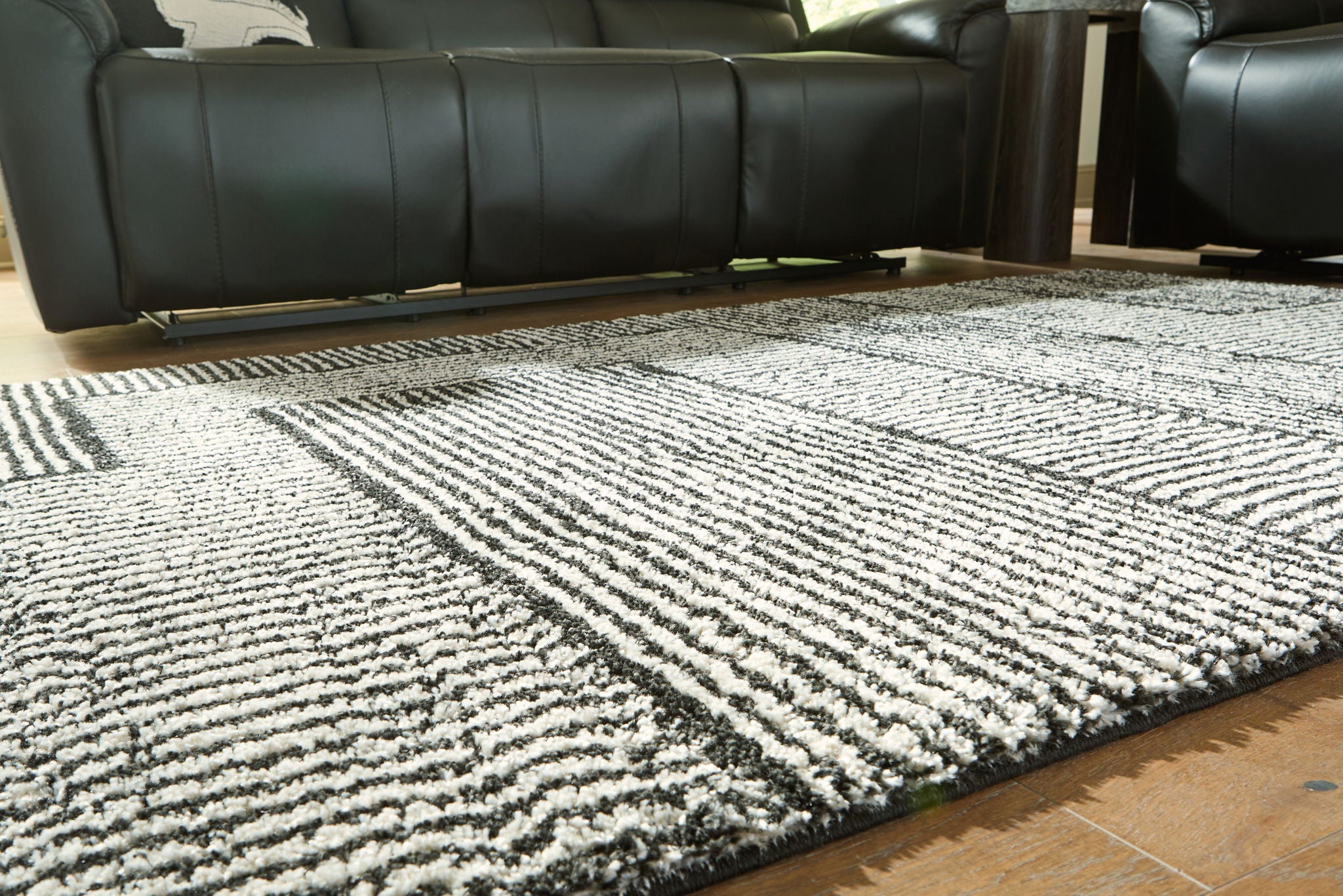 Black-and-white striped geometric rug with textured pile.